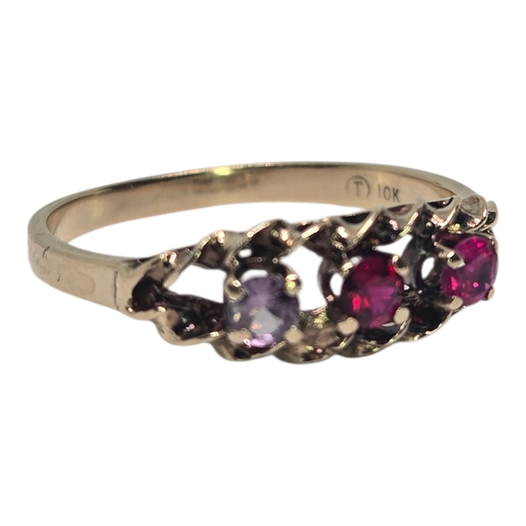 Elegant 10K Yellow Solid Gold Mother\'s Ring with Pink Red Purple Ruby Gemstones